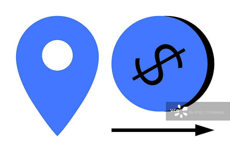 蓝色地图图钉、美元符号、硬币和箭头 - 指示方向图片素材