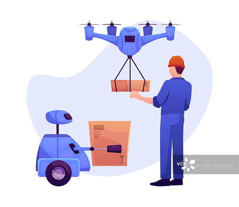 机器人四旋翼无人机送达邮包图片素材