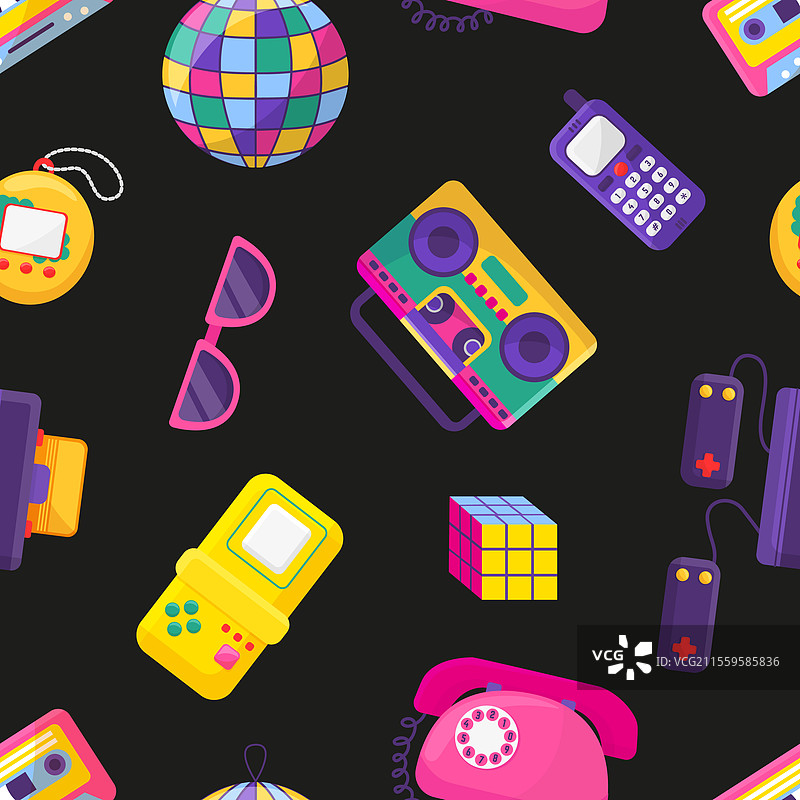 复古90年代和80年代物品无缝图案游戏工具图片素材