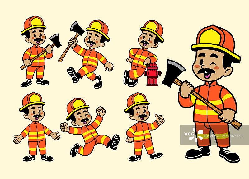 快乐的卡通消防员角色套装图片素材