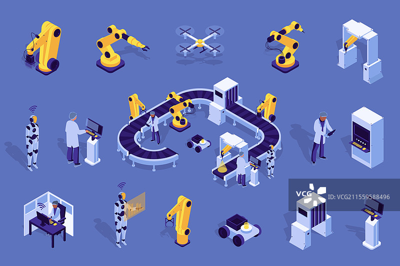 自动化工厂3D等距大套件平面图图片素材