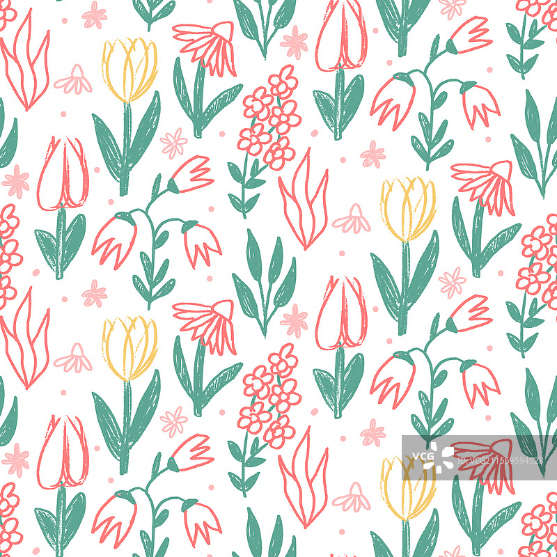 彩色蜡笔画的花卉无缝图案图片素材