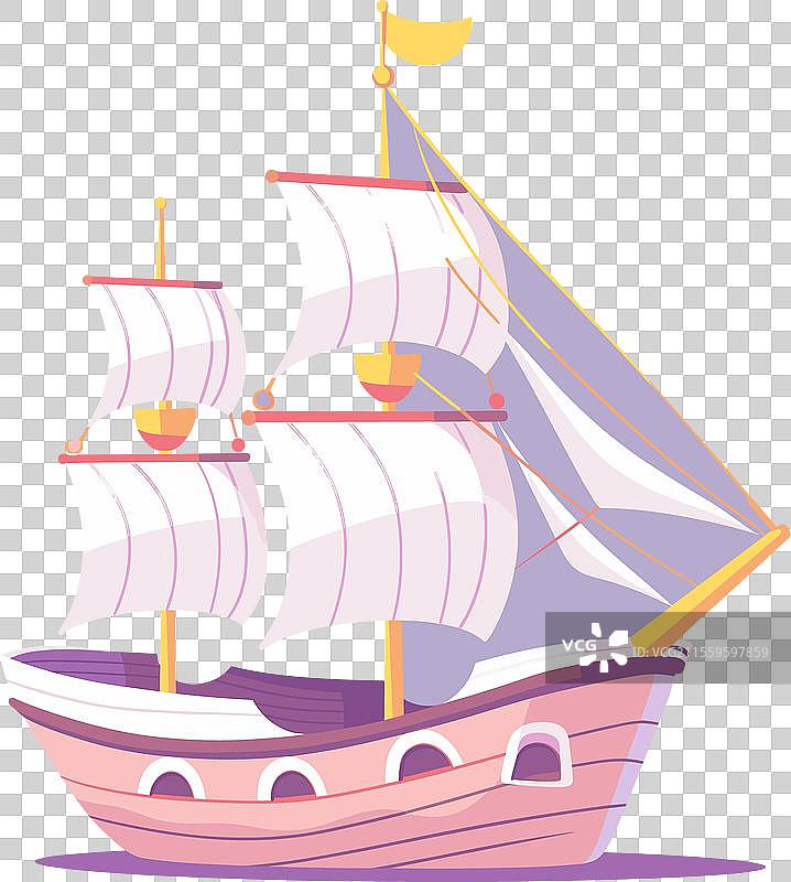 复古风格的紫色帆船卡通画图片素材
