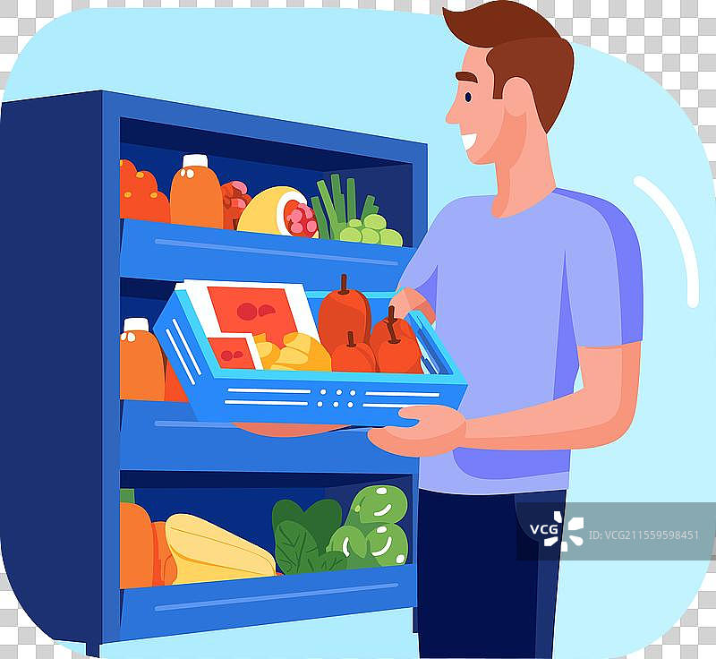 年轻男子整理新鲜的杂货冰箱图片素材