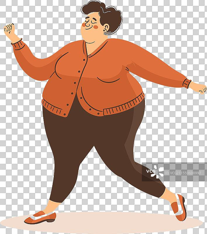 快乐的超重女性在欢快地跳舞，展现出她的自信与快乐。图片素材