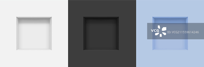 3D墙壁凹槽，三个空的方形盒子，逼真效果图片素材