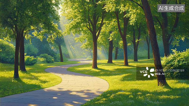 【AI数字艺术】公园里的绿荫大道图片素材