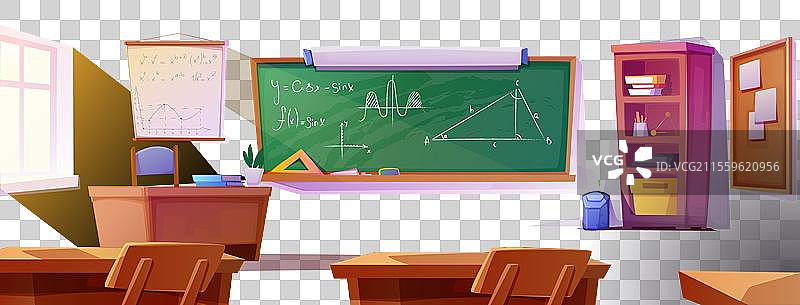 教室里有桌子和黑板，上面写着数学题。图片素材