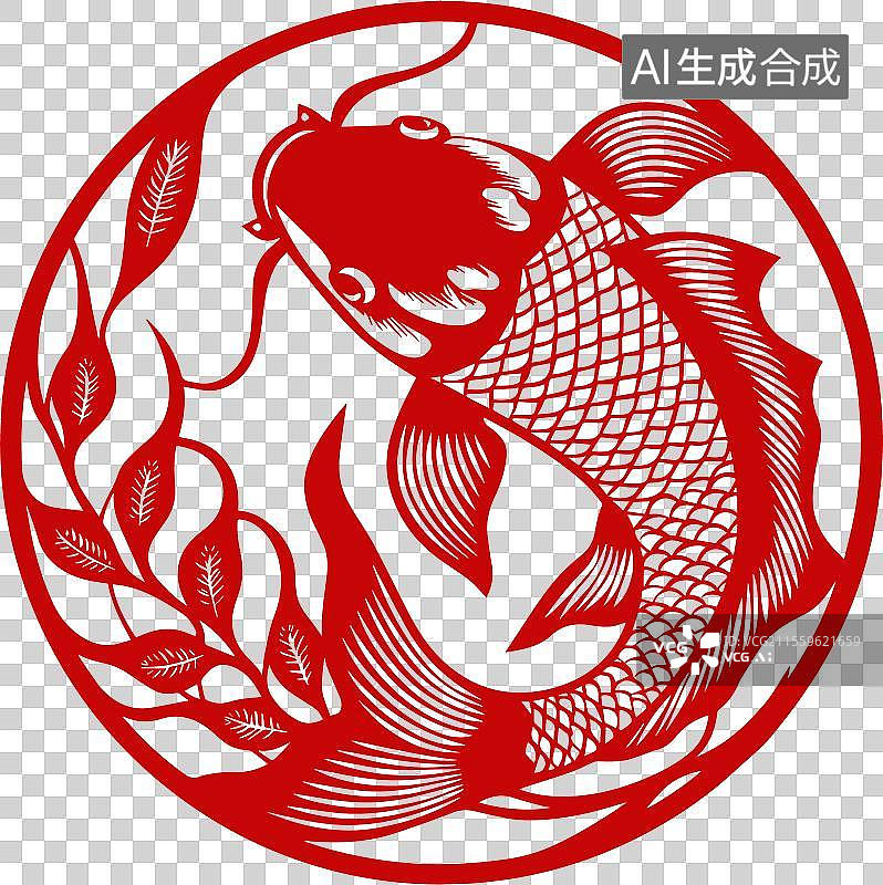 【AI数字艺术】锦鲤 中国传统非遗剪纸 插图 文化 招财 财富 幸运 吉祥 免抠元素图片素材