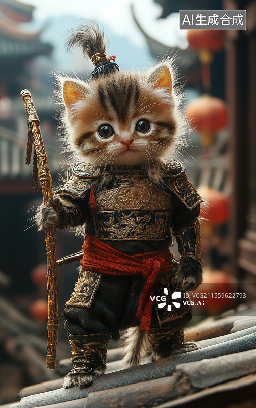 【AI数字艺术】身披盔甲手拿金箍棒的拟人化小猫图片素材