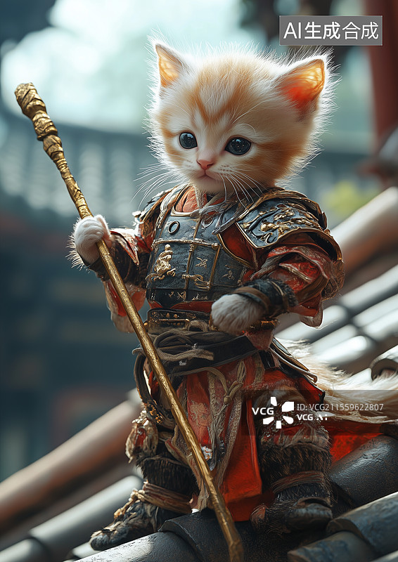【AI数字艺术】身披盔甲手拿金箍棒的拟人化小猫图片素材