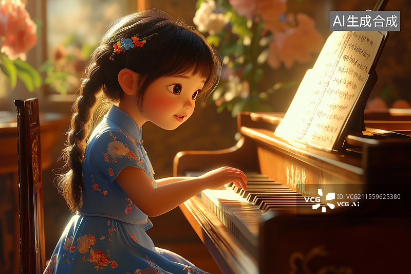 【AI数字艺术】正在弹钢琴的3D小女孩图片素材