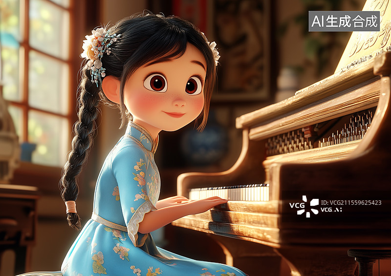 【AI数字艺术】正在弹钢琴的3D小女孩图片素材