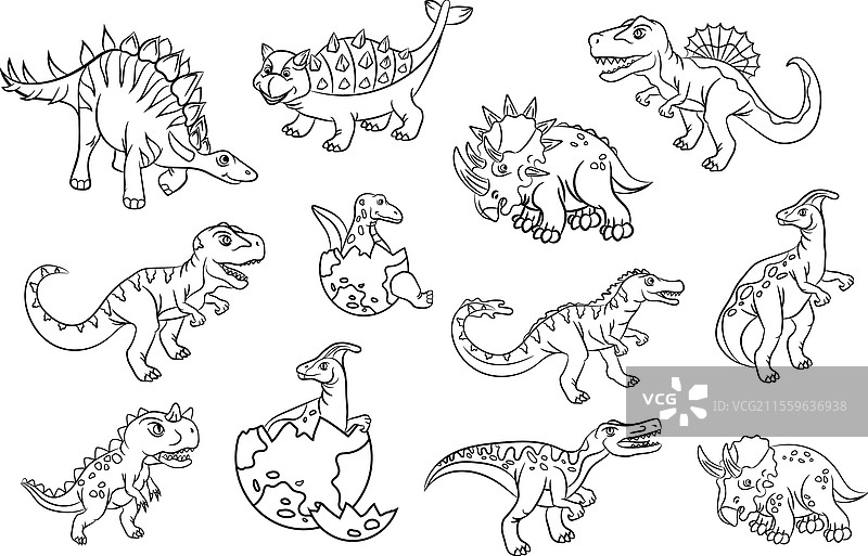 不同恐龙轮廓涂鸦的集合图片素材