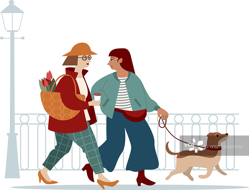 时尚女性牵着狗，手里拿着咖啡走路图片素材