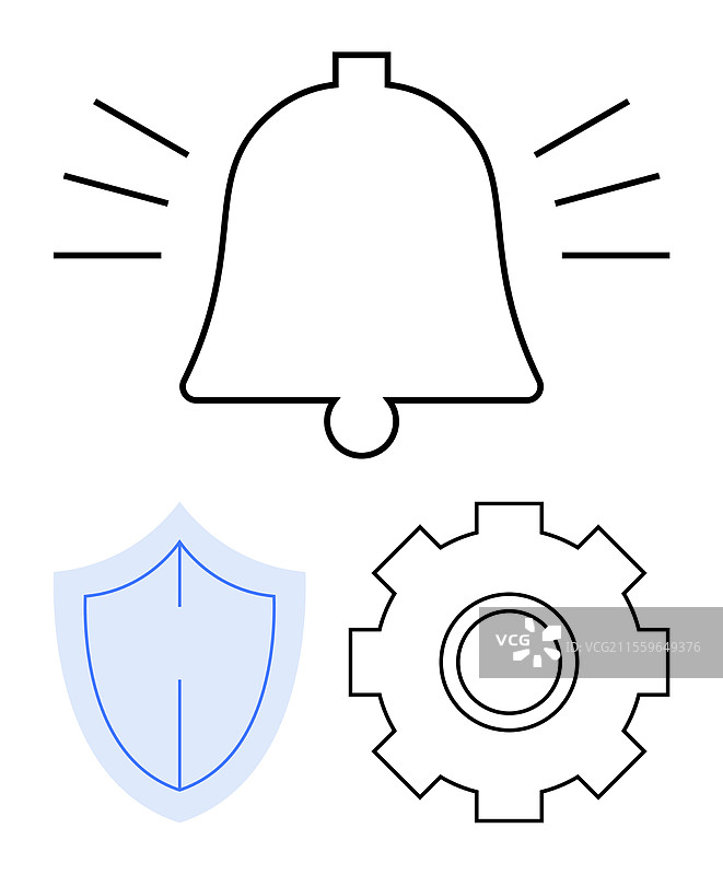 警报铃与盾牌和齿轮的组合象征着安全与防护图片素材