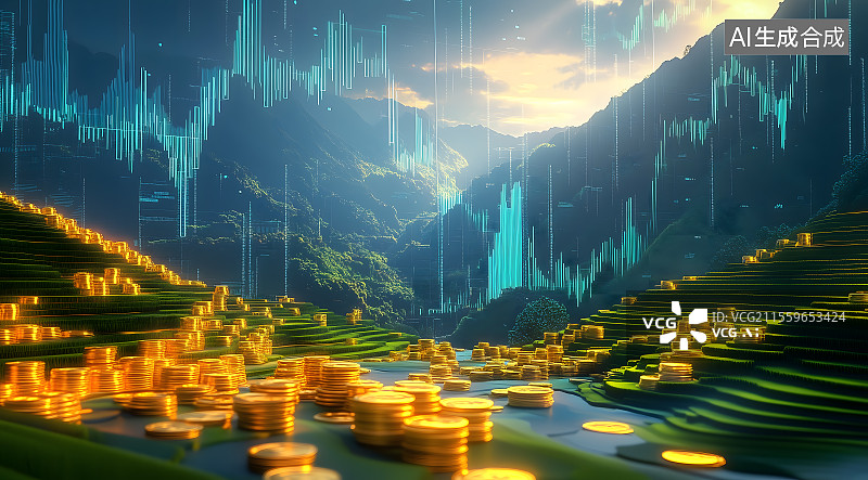 【AI数字艺术】这一场景以高耸、错综复杂的山脉为主导，融合了绿色自然和黄金元素，描绘了丰收的景象。图片素材