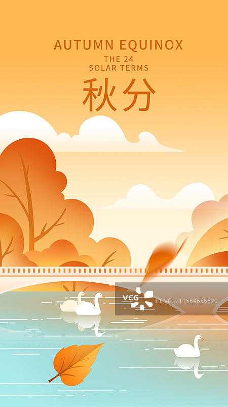 24节气秋天秋分落叶飘落湖面天鹅游过图片素材