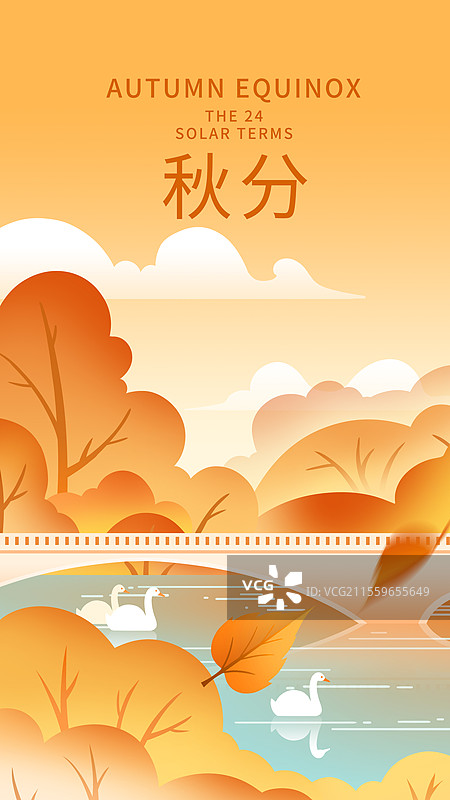 24节气秋天秋分落叶飘落湖面天鹅游过图片素材