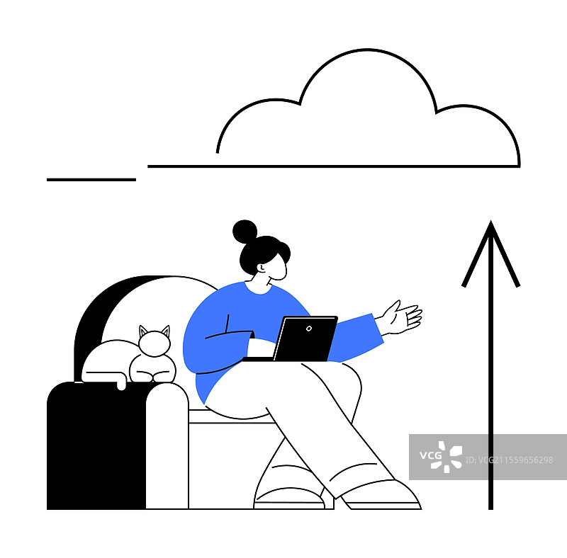 女人在笔记本电脑上工作，旁边有一只猫和云彩图片素材