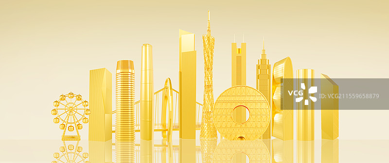 3D渲染的广州城市地标广州城市天际线广州城市插画图片素材