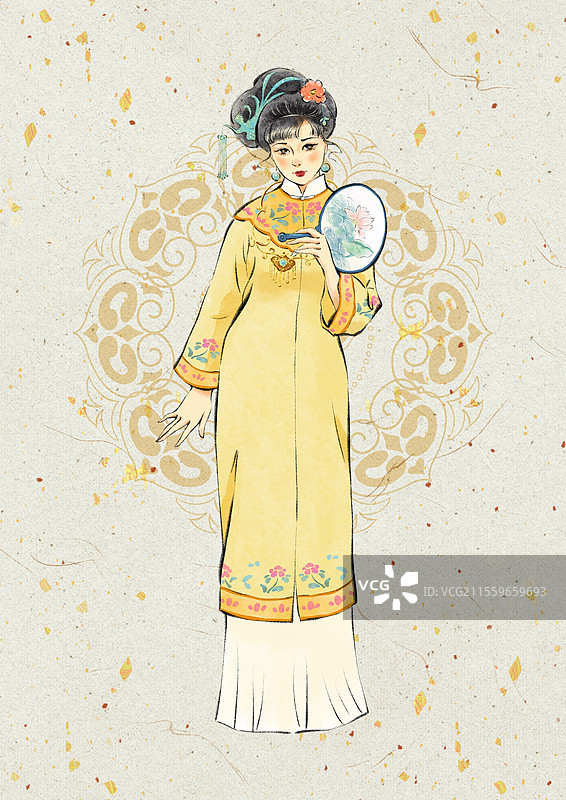 国风文学名著红楼梦金陵十二钗清朝汉服系列人物插画，拿着扇子的薛宝钗。图片素材