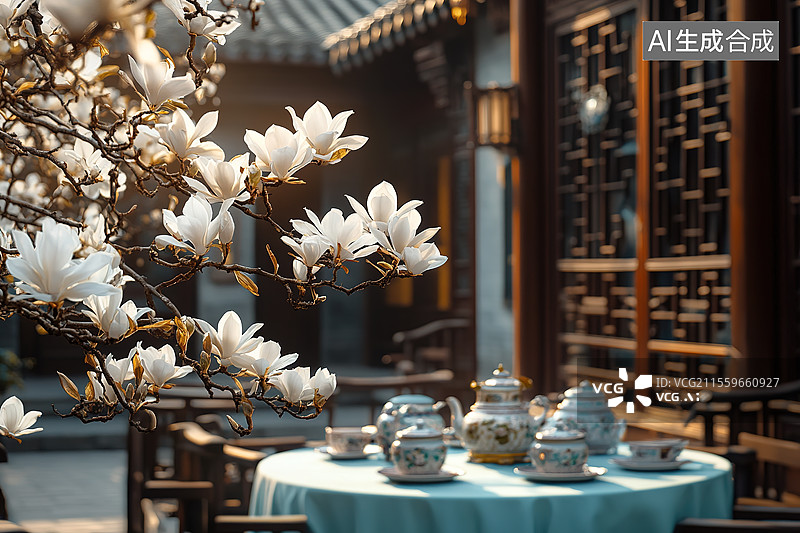 【AI数字艺术】春日玉兰花背景下的中式庭院和茶桌茶壶图片素材