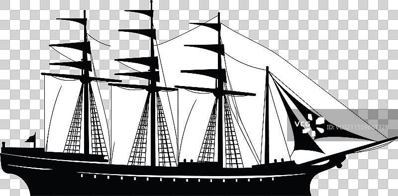 剪影中的高大帆船在海上航行，满月高挂。图片素材