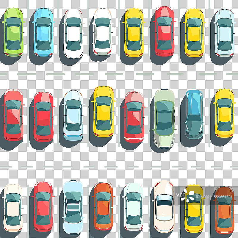 停车场上五颜六色的停放汽车的俯视图图片素材