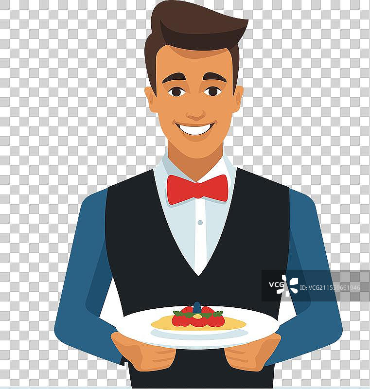 微笑的服务员手持菜肴准备为顾客服务图片素材