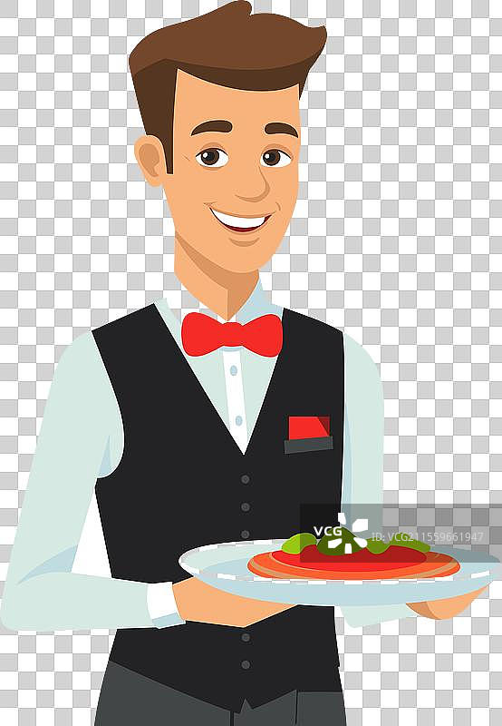 微笑的服务员手持菜肴准备为顾客服务图片素材