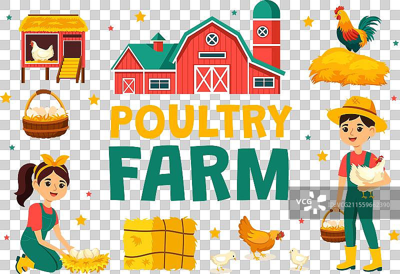 养鸡场，鸡、公鸡、稻草、笼子图片素材