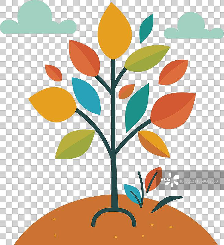 色彩斑斓的风格化树木，生机勃勃的叶子在土壤中生长图片素材