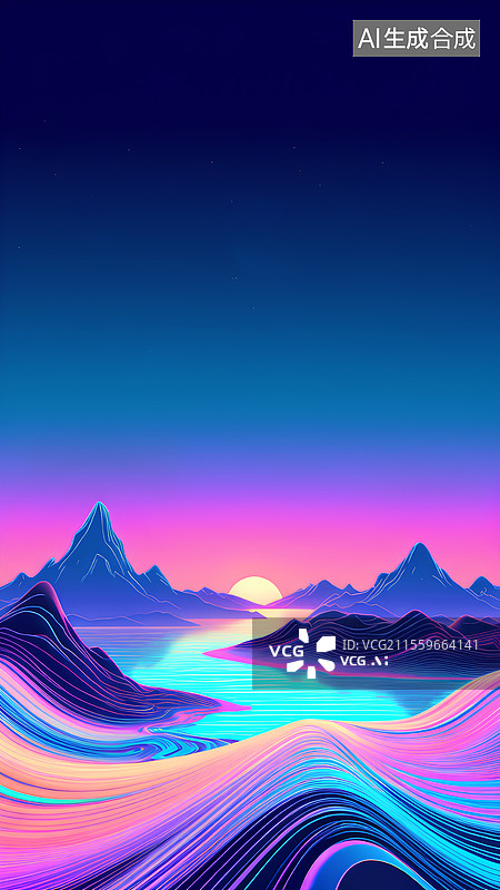 【AI数字艺术】夜晚 美丽的湖美丽的山升起一轮明月图片素材