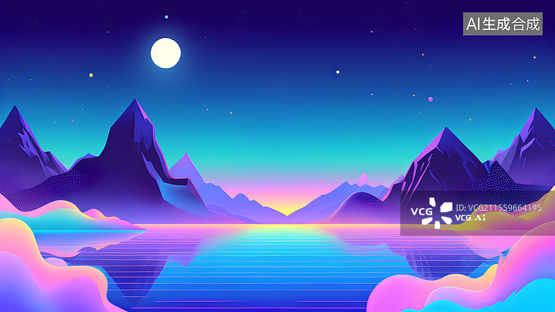 【AI数字艺术】夜晚 美丽的湖美丽的山升起一轮明月图片素材