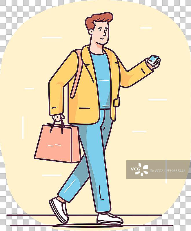 年轻男性自信地走着，手持手机图片素材