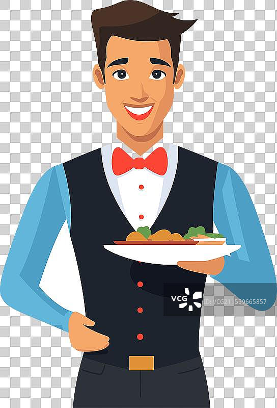 微笑的服务员手持菜肴准备为顾客服务图片素材