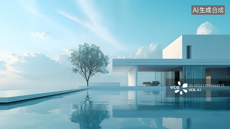 【AI数字艺术】清新海边别墅旅游自然风景背景图片素材