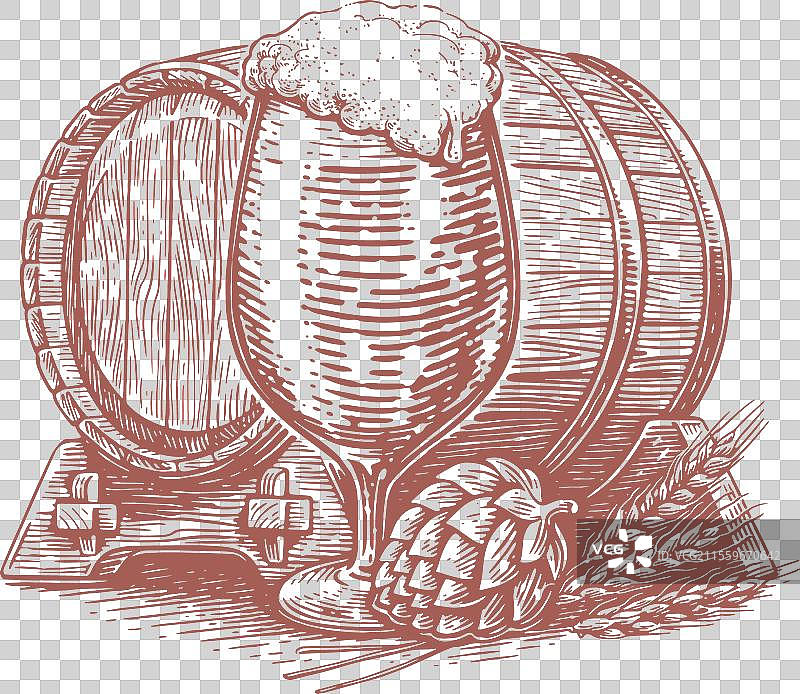 一杯啤酒、酒桶、小麦穗和啤酒花图片素材