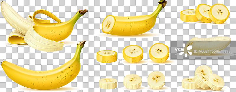逼真的香蕉水果，完整的、半个的和切片的香蕉图片素材