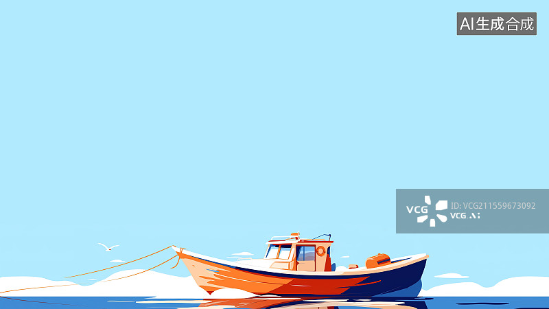 【AI数字艺术】2D卡通居下背景趣味扁平元素，蓝色海面上一艘小船 航海捕鱼打鱼搜救快艇游艇 蓝天白云海鸥图片素材