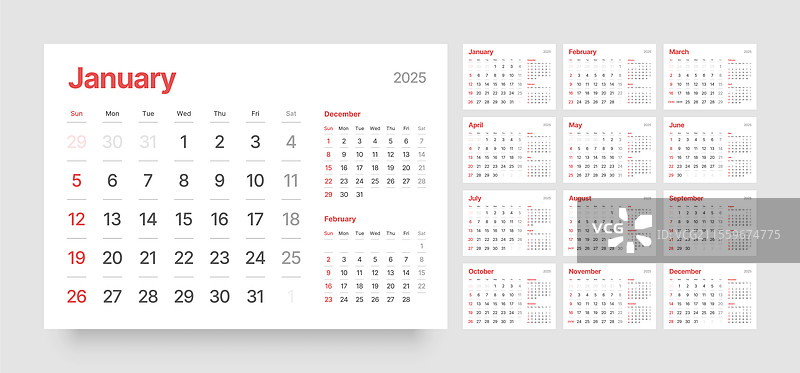 2025年计划日记的每月日历布局图片素材