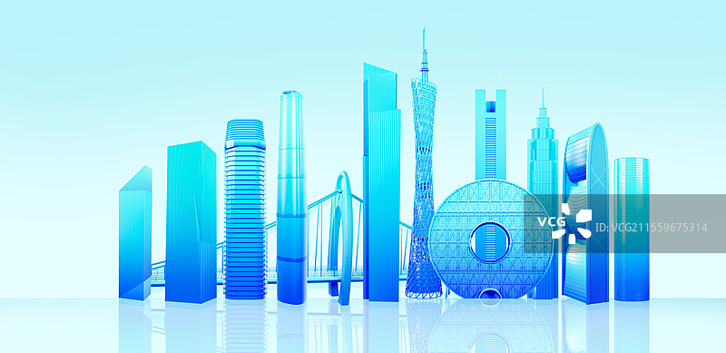 3D渲染的广州城市地标广州城市天际线广州城市插画图片素材