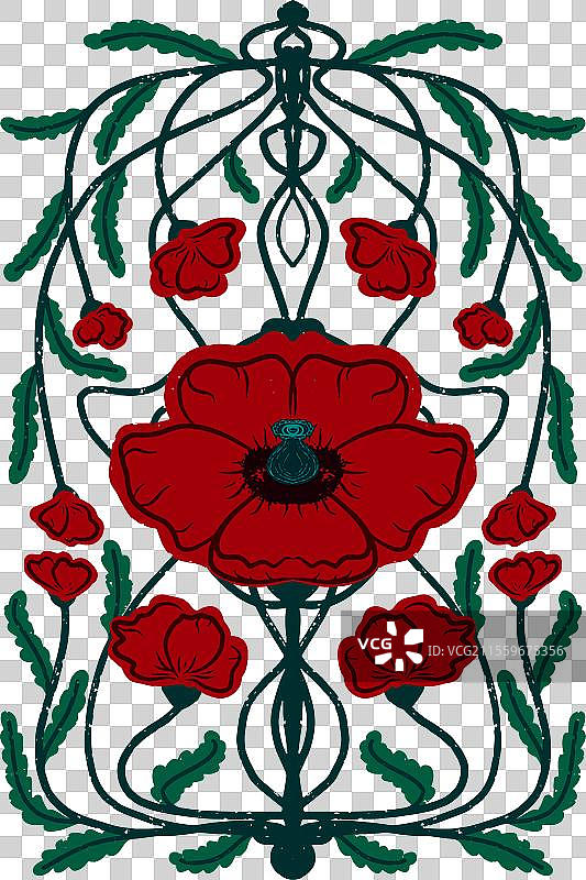 红罂粟纹理对称花卉图案图片素材