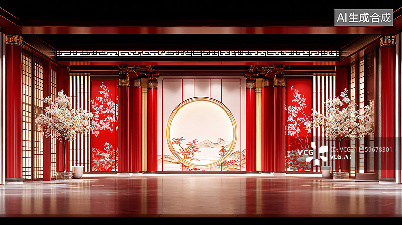 【AI数字艺术】3D宫殿建筑产品展台金属广场樱花国风装饰高级感山水画植物人造空间商务金色红色喜庆大气华丽空旷留白背景图片素材