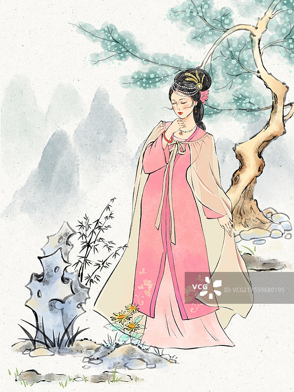 国风文学名著红楼梦金陵十二钗清朝汉服系列人物插画，秦可卿。图片素材