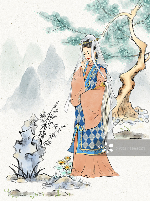 国风文学名著红楼梦金陵十二钗清朝汉服系列人物插画，居士妙玉。图片素材