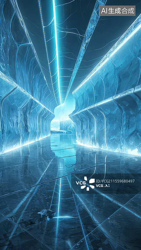 【AI数字艺术】冰川裂隙走廊-亚克力极光迷宫建筑 冰川蓝裂隙光影艺术图片素材