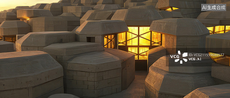 【AI数字艺术】土黄蜂巢地堡-夯土蜂巢结构建筑 黄金分割导光管拓扑设计图片素材