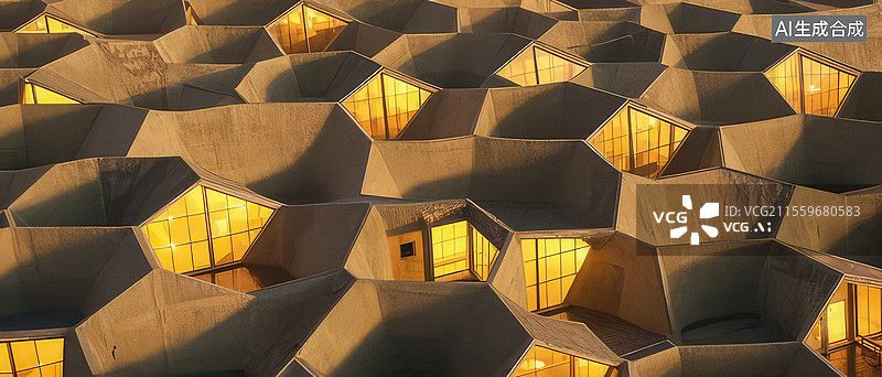 【AI数字艺术】土黄蜂巢地堡-夯土蜂巢结构建筑 黄金分割导光管拓扑设计图片素材